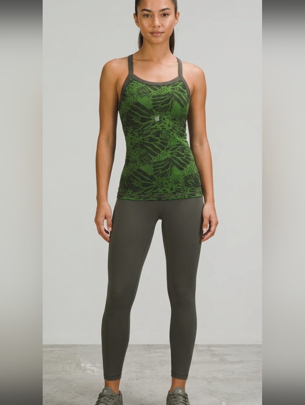 LULULEMON power Y tank top, size 2, green tropical leaf print